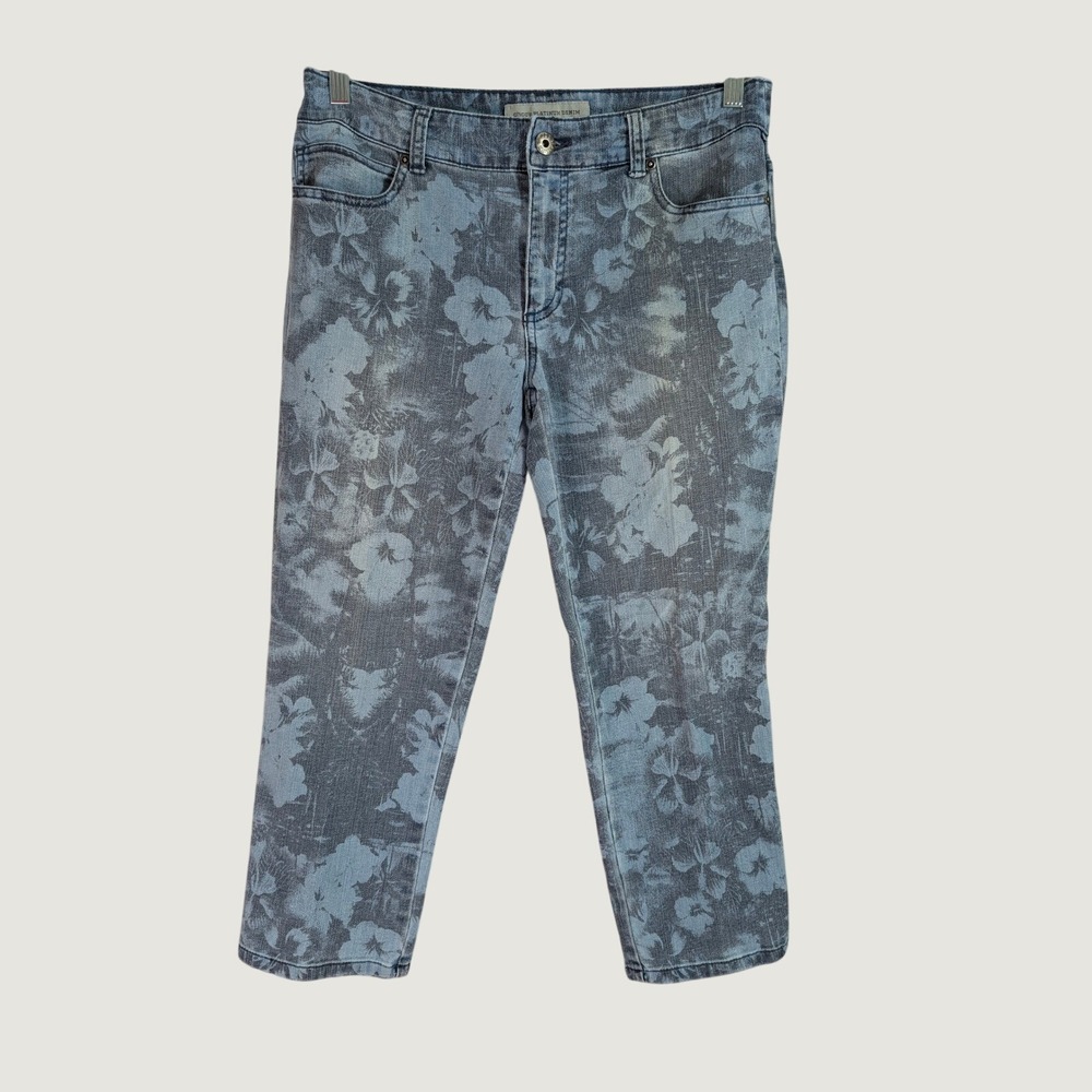 Chico's Platinum Denim Crop Jeans Womens 6 Blue Floral Print Stretch Pants‎